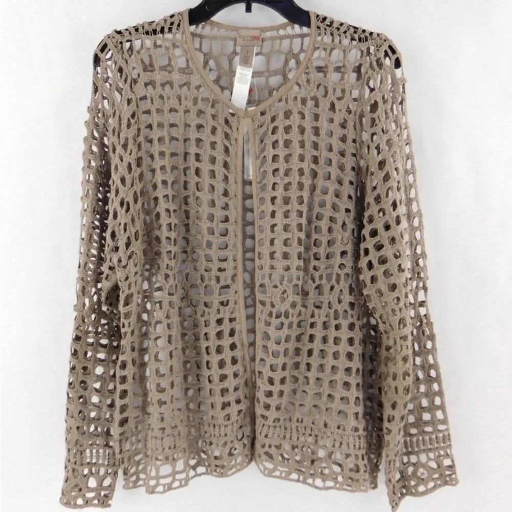 Chico’s Easywear Crochet Lace Long Sleeve Texas Taupe Cotton Cardigan Jacket NWT - Picture 5 of 16